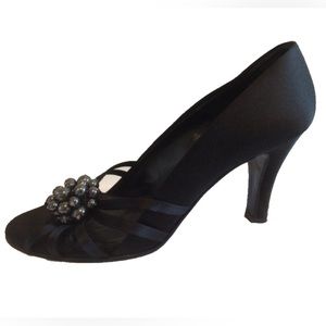 Bally evening heeled satin sandals with pearl decoration, US 9.5